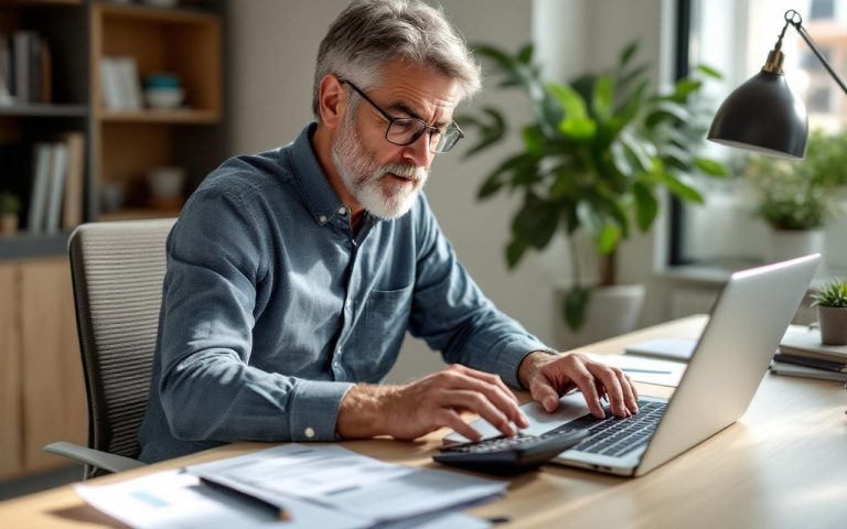 Un bailleur, un homme d’âge moyen, travaille sur ordinateur dans un bureau clair : il consulte des documents fiscaux et utilise une calculatrice sur un bureau lumineux.