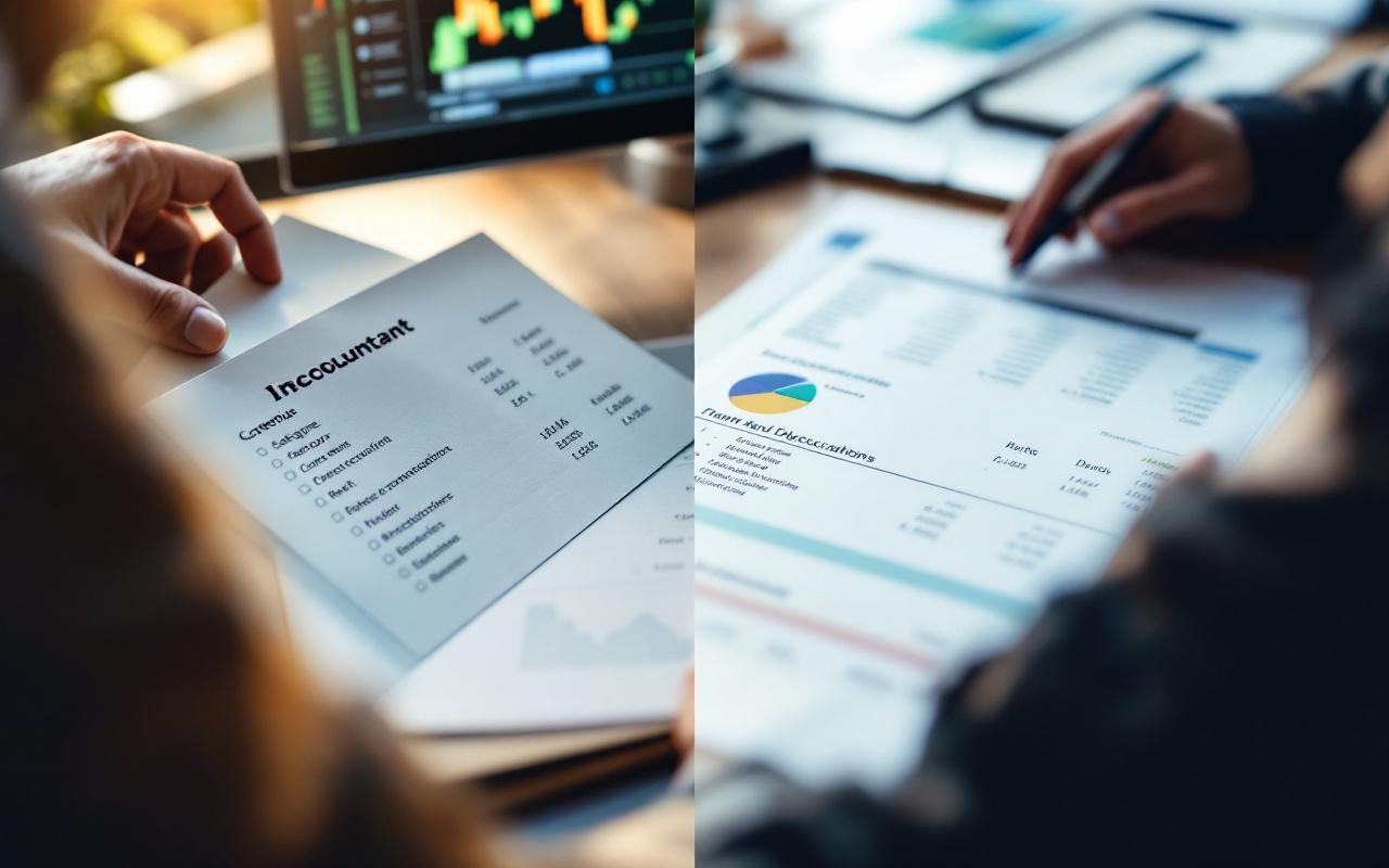 Comparaison visuelle entre un logiciel de comptabilité LMNP et un expert-comptable, montrant des dossiers et des tableaux financiers côte à côte.