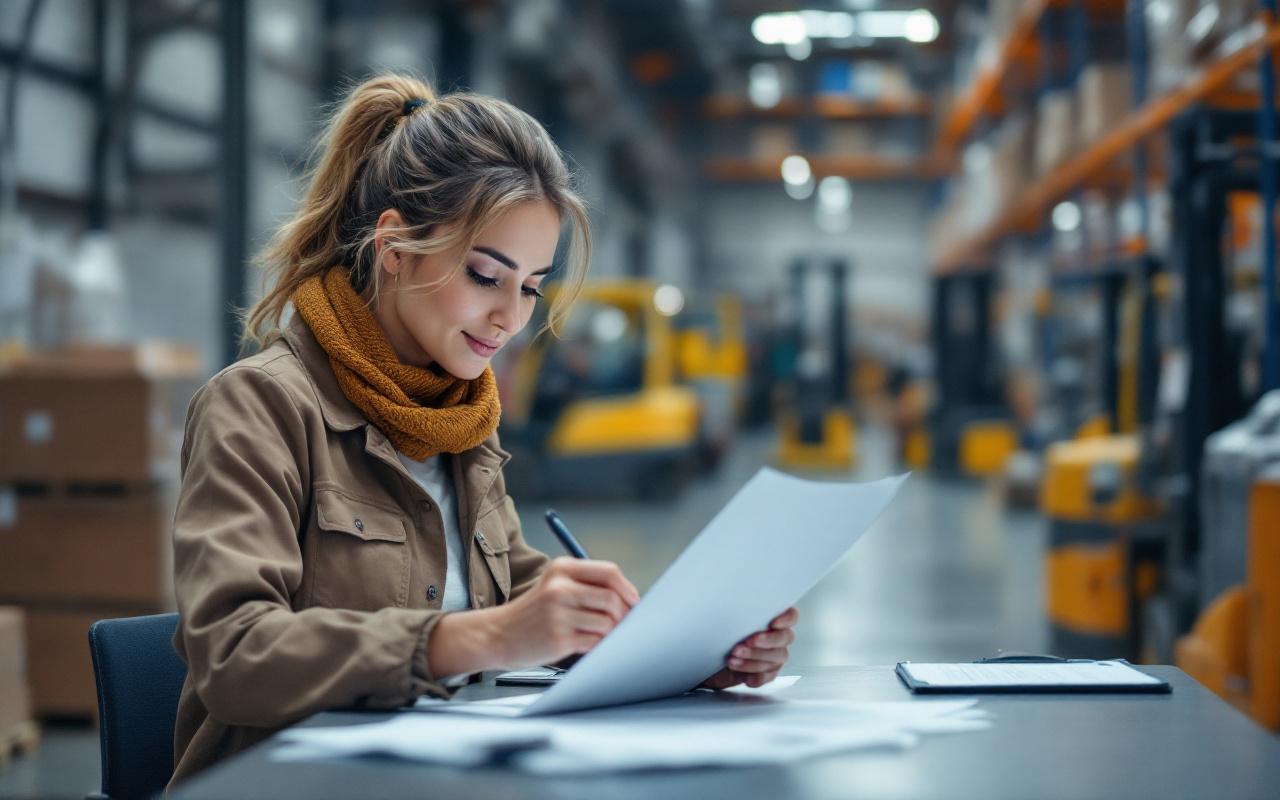 Entrepôt logistique et atelier industriel à Brest, avec une femme recruteuse examinant un CV imprimé sur une table de travail.