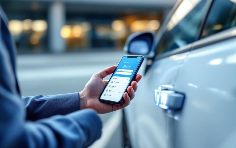 Un gestionnaire de flotte utilise une application mobile sur son smartphone pour déverrouiller une voiture électrique partagée dans le parking d’un bureau, sous la lumière du matin.