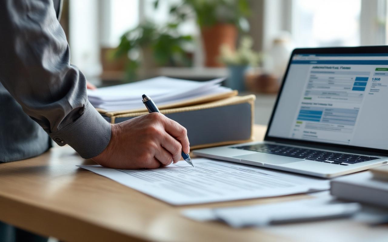 Photo réaliste d’un nouveau propriétaire LMNP devant un dossier fiscal, avec un formulaire administratif, un stylo et un ordinateur portable ouvert sur un espace impôts.