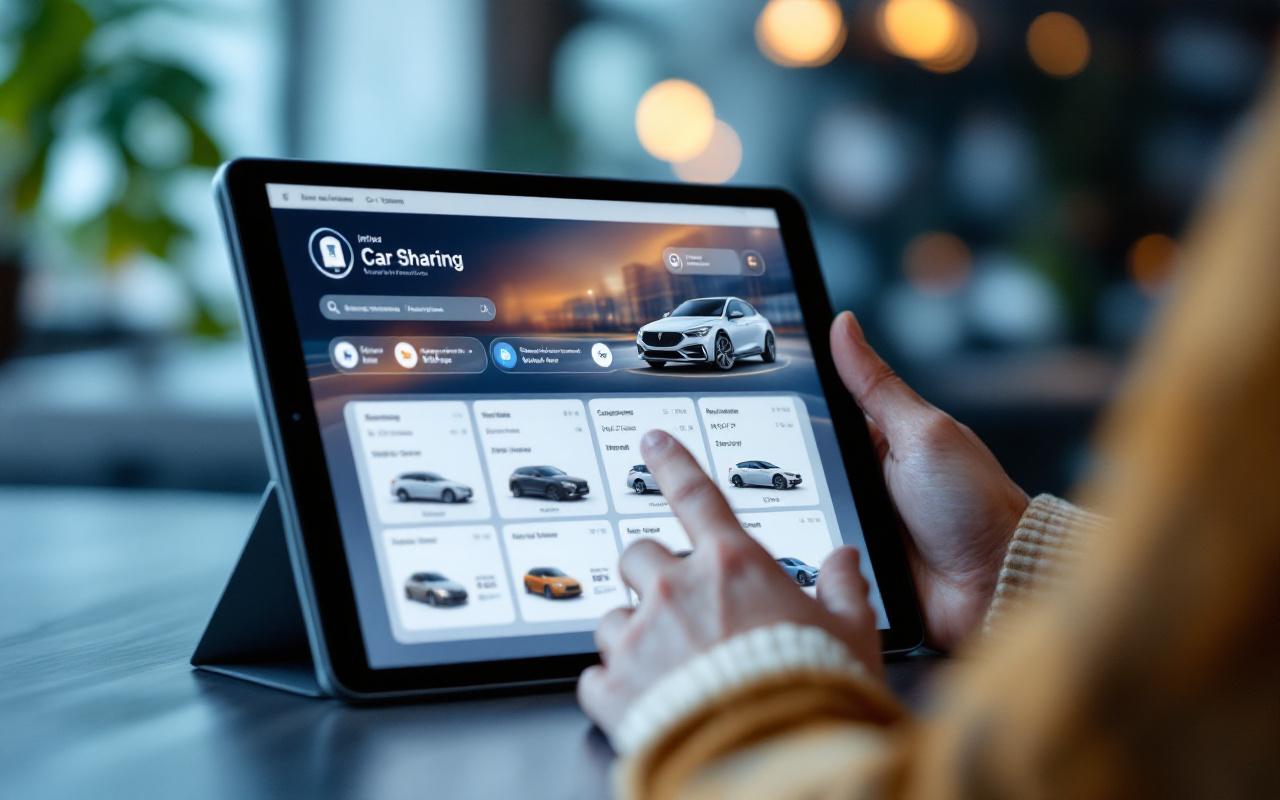 Tableau de bord numérique d’autopartage interne avec interface de réservation centralisée, smartphone équipé de NFC et plusieurs véhicules d’entreprise représentés à l’écran.