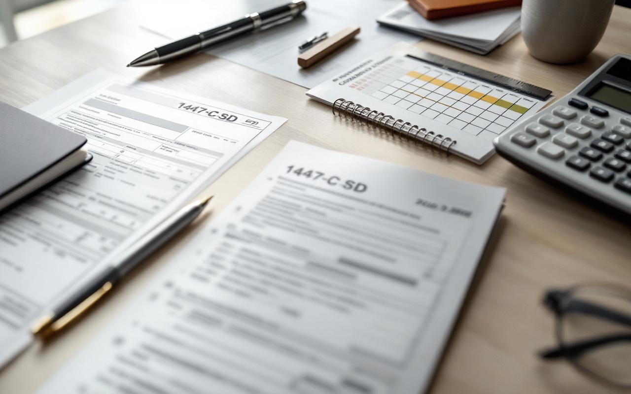 Vue de bureau avec le formulaire 1447-C-SD, une check-list de déclaration CFE et un calendrier fiscal 2026, éclairage naturel doux et ambiance professionnelle.