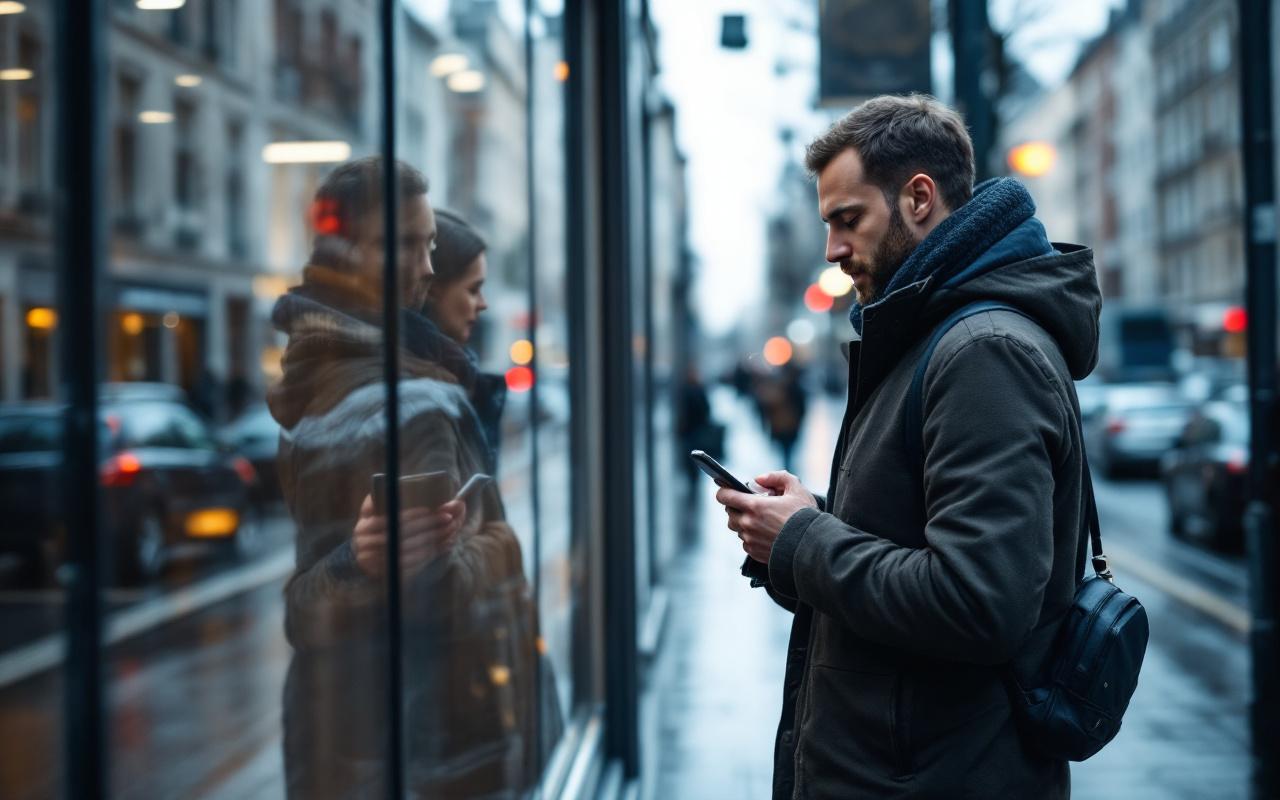 Vue urbaine de Brest : un homme consultant des offres d’emploi sur smartphone devant une agence d’intérim.