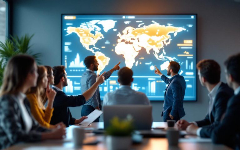 Des acheteurs de grande distribution en réunion devant une carte du monde et un tableau de validation des déplacements professionnels.