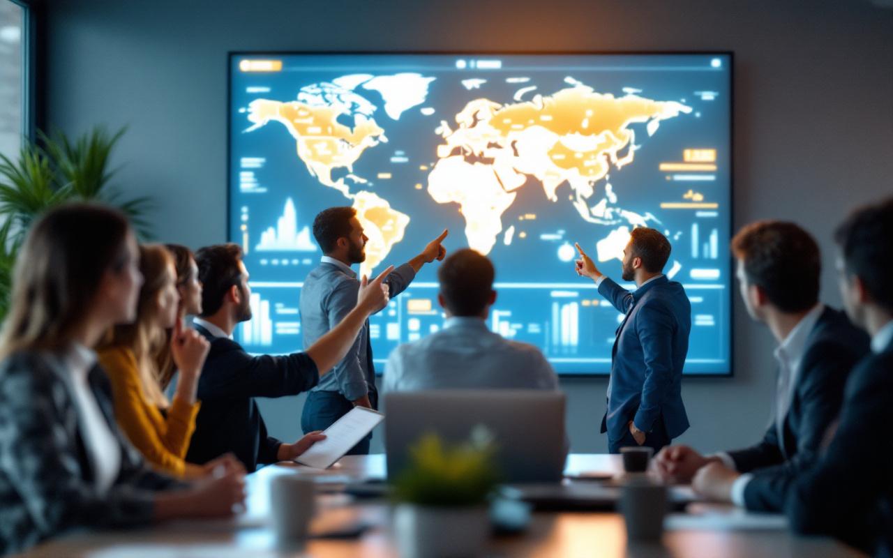 Des acheteurs de grande distribution en réunion devant une carte du monde et un tableau de validation des déplacements professionnels.