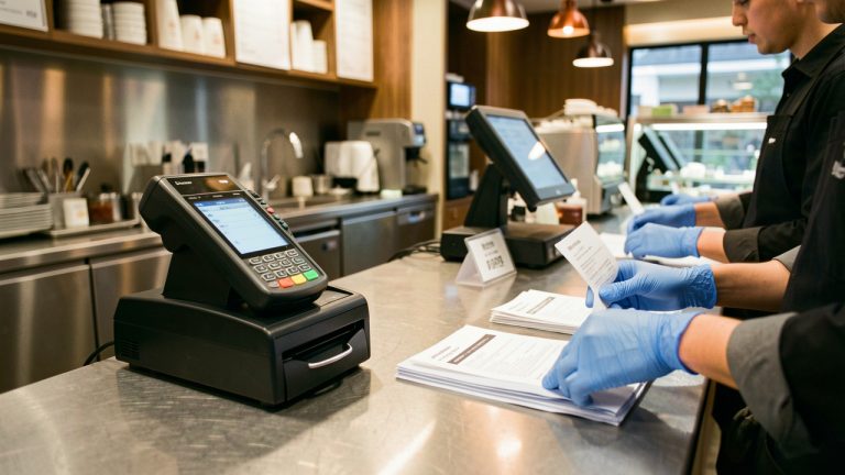 Restaurant moderne avec comptoir de service, terminal de paiement et caisse, ambiance professionnelle et financière avec des mains en activité au service.