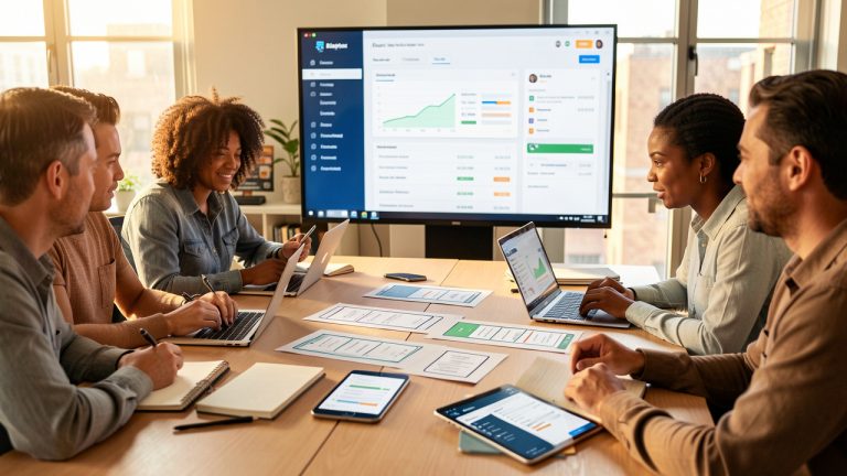 Une équipe se réunit dans un bureau moderne autour d’un tableau de budget digital, en consultant des maquettes d’applications mobiles sur une table.
