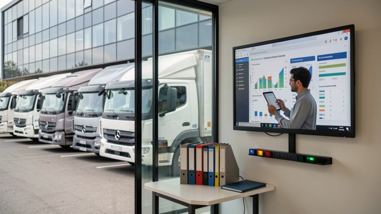 Bureau de logistique moderne avec vue sur des camions, tableaux de bord et ambiance professionnelle, lumière naturelle et réalisme documentaire.