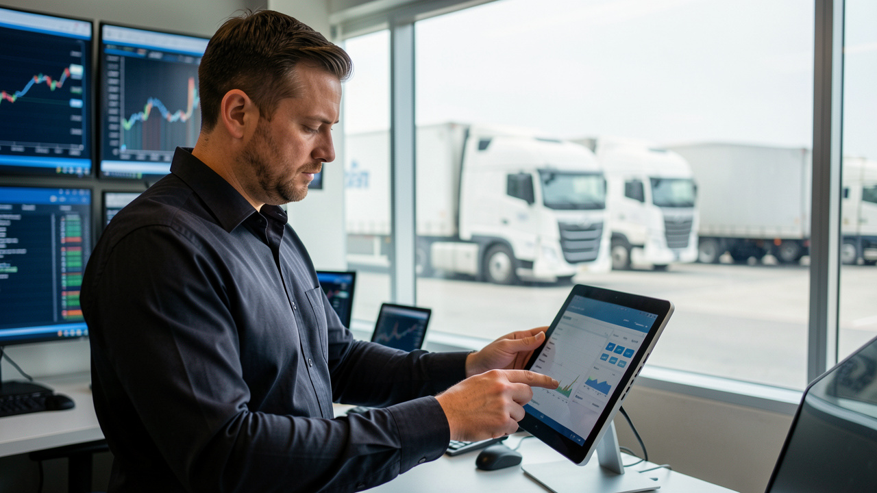 Gestionnaire logistique ajustant un tableau de bord sur une tablette dans une salle de contrôle, avec des camions de fret et des graphiques financiers flous à l’arrière-plan.