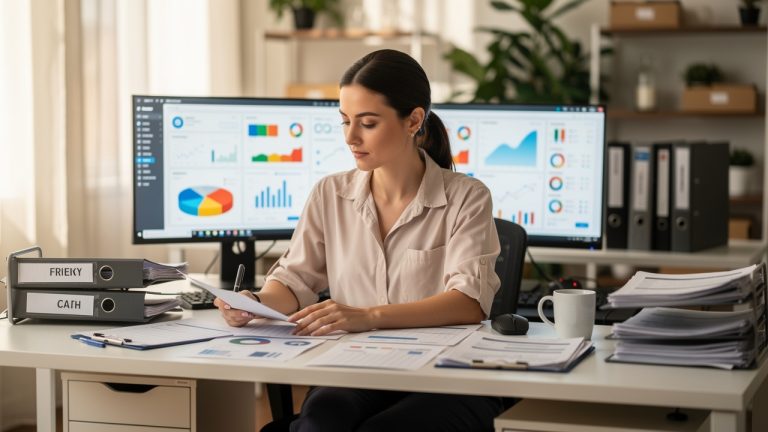 Une femme responsable de transport analyse des tableaux de bord de trésorerie et des documents de transport affichés sur des écrans dans un bureau logistique, avec dossiers et éclairage naturel.