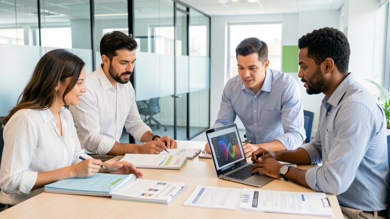 Équipe des ressources humaines réunie autour d’un tableau de recrutement avec des dossiers candidats et un ordinateur dans un bureau moderne et lumineux.