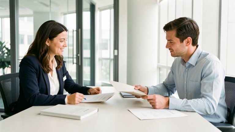 Une responsable des ressources humaines et un manager comparent des dossiers de candidature vierges dans un bureau moderne et lumineux.