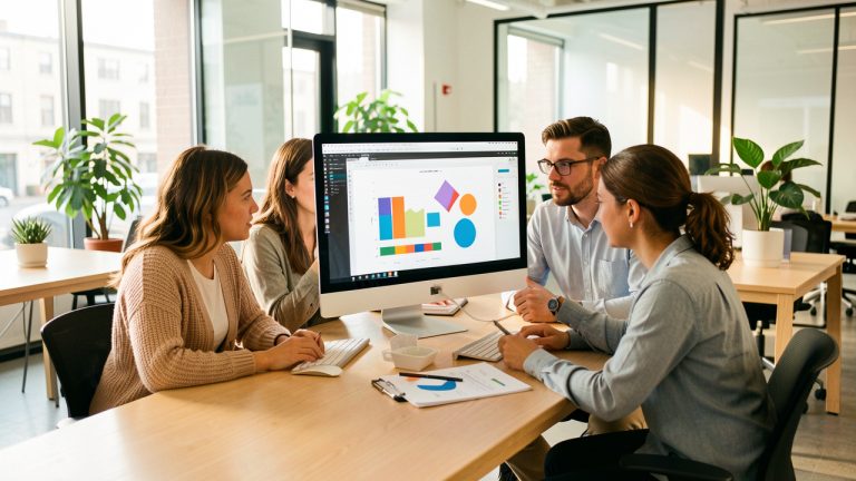 Équipe diversifiée de PME réunie autour d’un écran dans un atelier collaboratif lumineux et moderne.