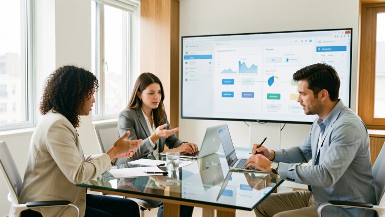 Une équipe de PME composée de deux femmes et d’un homme analyse ensemble des tableaux de bord visuels et des processus dans un bureau moderne et lumineux.