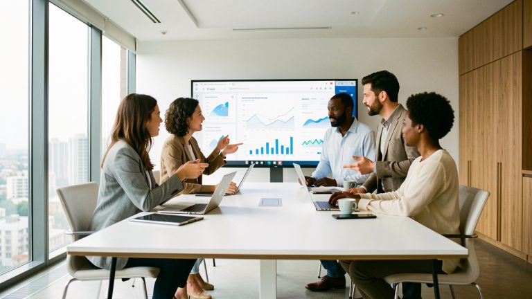 Une équipe diversifiée de deux femmes et deux hommes analyse des visualisations de données abstraites sur un grand tableau de bord numérique dans un bureau moderne et lumineux.