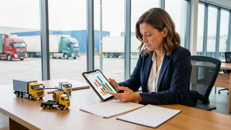 Responsable logistique examinant les coûts d’une flotte de camions dans un bureau moderne, avec des graphiques abstraits sur une tablette et des véhicules visibles à travers les baies vitrées.