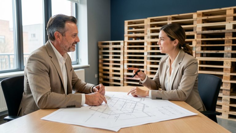 Réunion professionnelle entre un exportateur français et une acheteuse de grande distribution, avec des cartes logistiques vierges et des palettes en arrière-plan.
