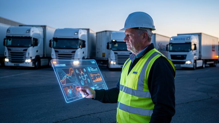 Un gestionnaire logistique observe un tableau de bord numérique devant plusieurs camions stationnés dans une cour de transport.
