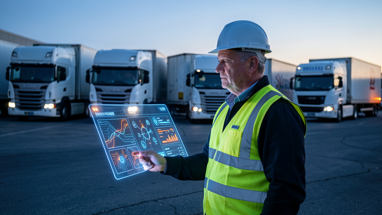 Un gestionnaire logistique observe un tableau de bord numérique devant plusieurs camions stationnés dans une cour de transport.