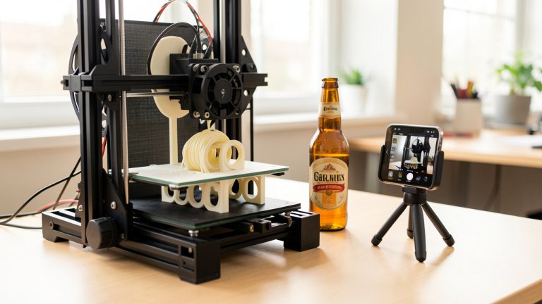 Atelier lumineux où une imprimante 3D fabrique un porte-bouteille personnalisé en filament PLA, avec une bouteille de bière et un smartphone qui filme la scène.
