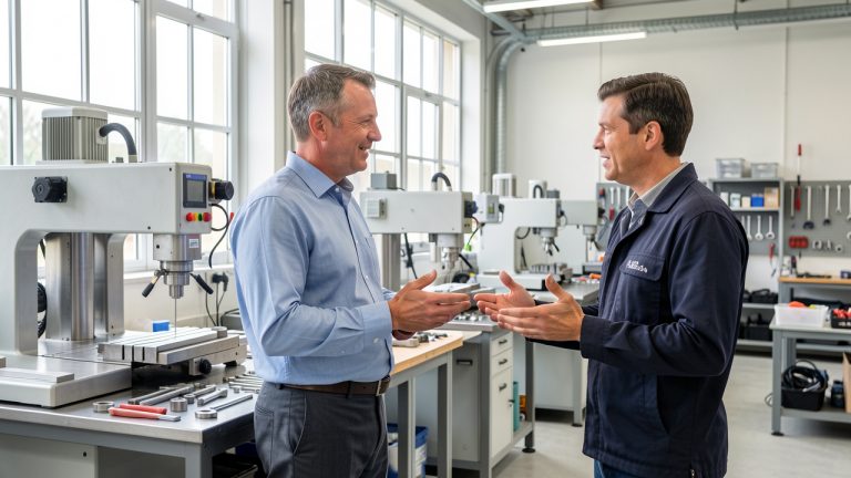 Un responsable industriel échange avec un fournisseur dans un atelier de fabrication moderne, propre et lumineux.