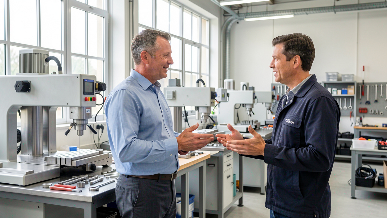 Un responsable industriel échange avec un fournisseur dans un atelier de fabrication moderne, propre et lumineux.